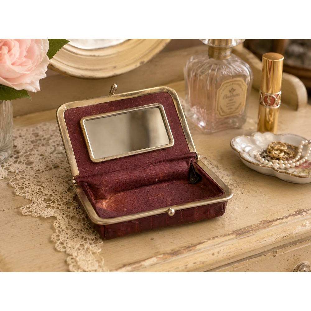 Vintage Genuine Eel Skin Coin Purse Burgundy Kiss Lock Mirror Vanity Wallet